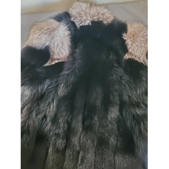 Real Black Dyed Fox Fur Coat with Silver Fox Trimmed Shoulders and Placket